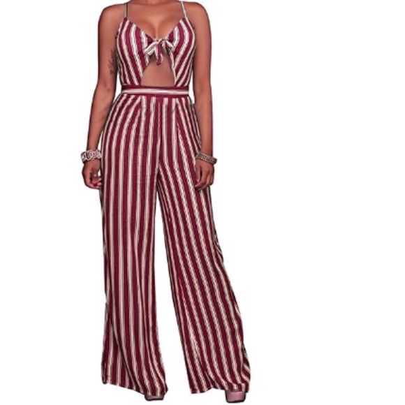 ❇️3/$30❇️ NWOT Red & White Stripe High Waist Wide Leg Jumpsuit Romper. - Picture 2 of 5